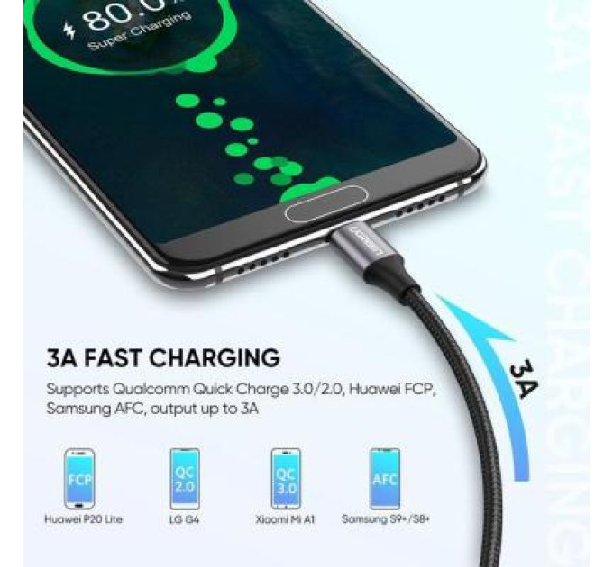 Ugreen Дата кабель USB 2.0 AM to Type-C 1.0m US288 Aluminum Braid Black Ugreen (60126)