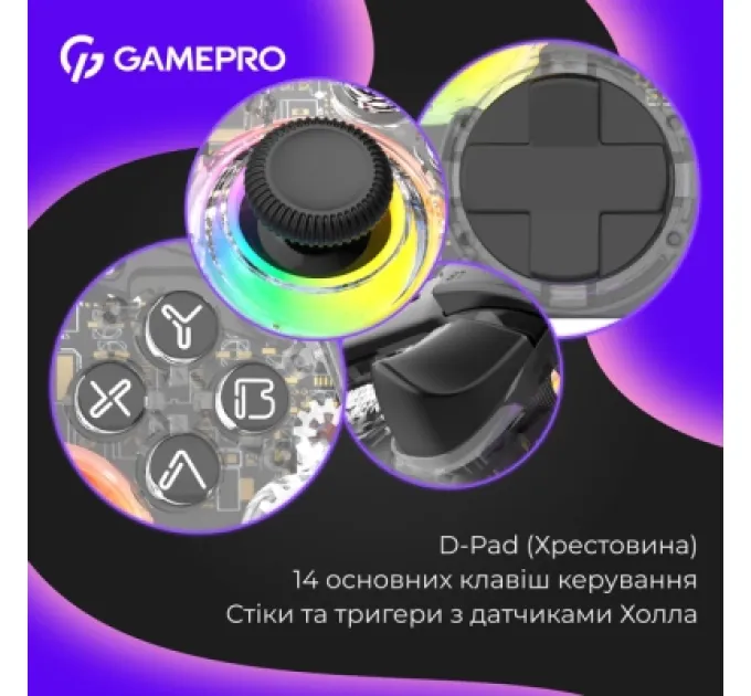 GamePro Геймпад GamePro GPX13T 2.4G/BT 5.1/USB/PC/iOS/Android RGB Transparent (GPX13T)