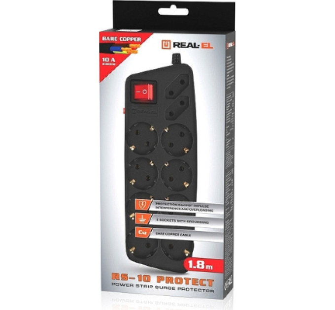REAL-EL Мережевий фільтр живлення REAL-EL REAL-EL RS-10 Protect, 1.8m, black (EL122300038)