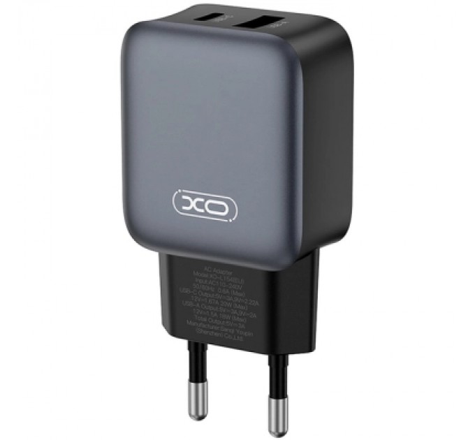 XO Зарядний пристрій XO L154 USB-C PD20W + USB-A QC3.0 Black (L154.black)