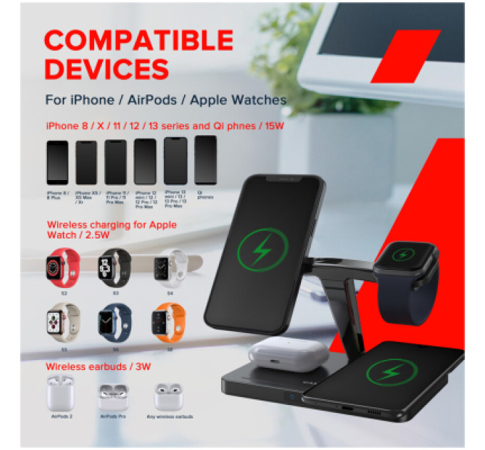 Canyon Зарядний пристрій Canyon wireless charger WS-404 15W 4in1 Black (CNS-WCS404)