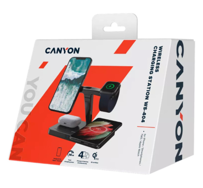 Canyon Зарядний пристрій Canyon wireless charger WS-404 15W 4in1 Black (CNS-WCS404)