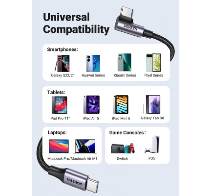 Ugreen Дата кабель USB-C to USB-C 0.5m 3A 60W 90° corner US255 black/gray Ugreen (50122)