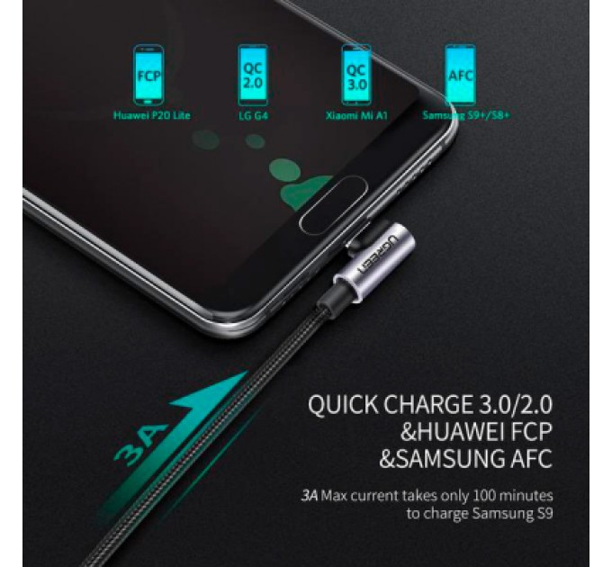 Ugreen Дата кабель USB 2.0 AM to USB-C 3.0m 3A US284 90° corner black Ugreen (70255)