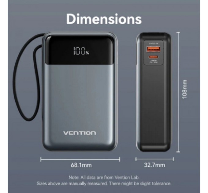 Vention Батарея універсальна Vention 20000mAh 65W 3A PD, QC/3.0, USB-A, Type-C OUT, with Built-in USB-C Cable, LED Display (FHYB0)
