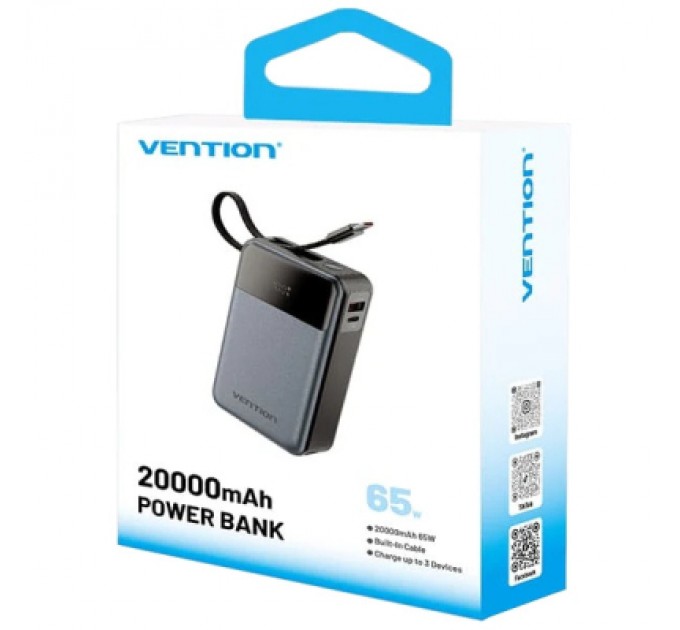 Vention Батарея універсальна Vention 20000mAh 65W 3A PD, QC/3.0, USB-A, Type-C OUT, with Built-in USB-C Cable, LED Display (FHYB0)