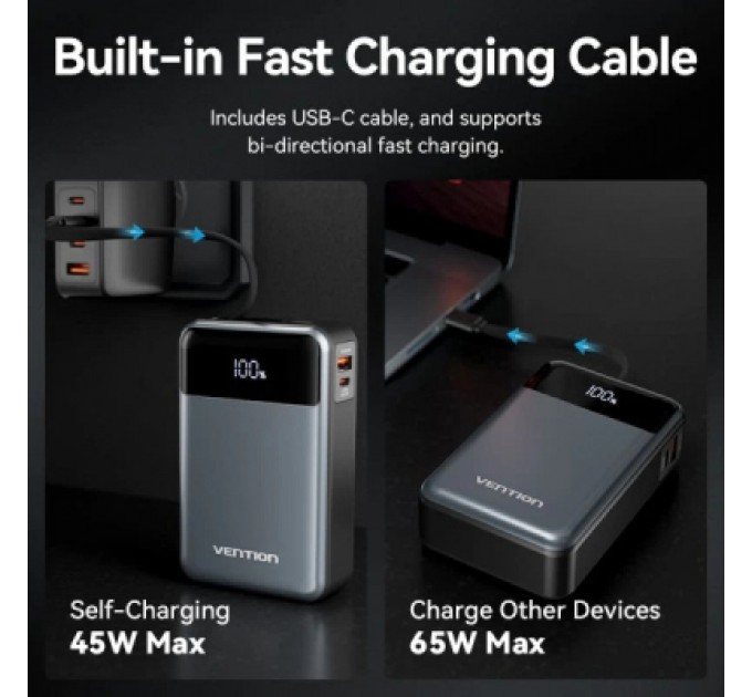Vention Батарея універсальна Vention 20000mAh 65W 3A PD, QC/3.0, USB-A, Type-C OUT, with Built-in USB-C Cable, LED Display (FHYB0)