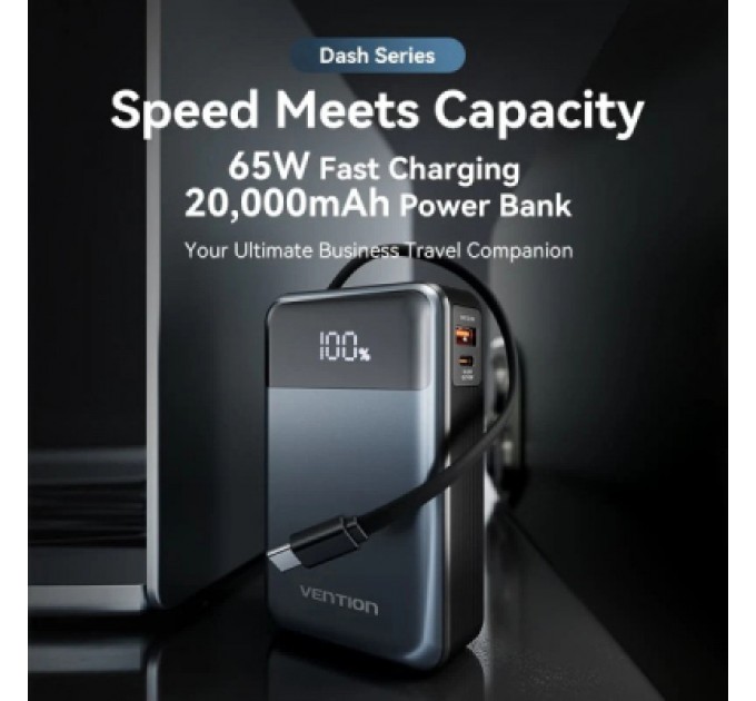 Vention Батарея універсальна Vention 20000mAh 65W 3A PD, QC/3.0, USB-A, Type-C OUT, with Built-in USB-C Cable, LED Display (FHYB0)