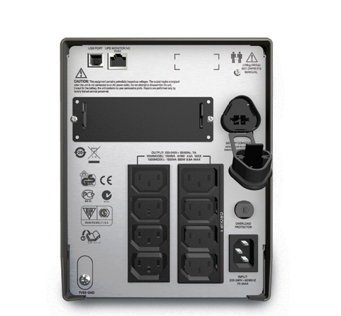 APC Джерело безперебійного живлення APC Smart-UPS 1500VA LCD, Lin.int., AVR, 8 х IEC, SmartSlot, USB, RJ-45, метал (SMT 1500I)