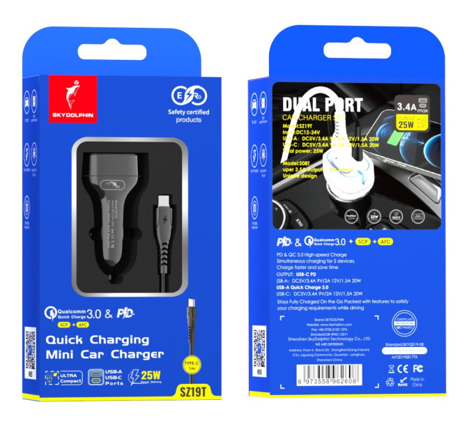 SkyDolphin Автомобильное зарядное устройство SkyDolphin SZ19T PD 20W + QC3.0 20W Black (SDAZP-000104) + кабель Type-C