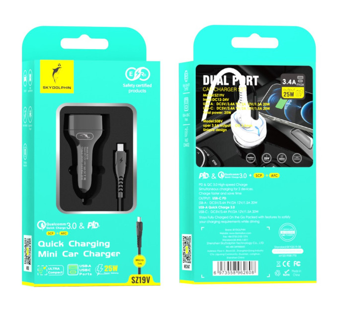 SkyDolphin Автомобильное зарядное устройство SkyDolphin SZ19V PD 20W + QC3.0 20W Black (AZP-000105) + кабель microUSB