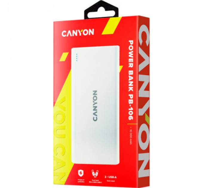 Canyon Батарея універсальна Canyon PB-106 10000mAh Input 5V/2A, Output 5V/2.1A(Max) (CNE-CPB1006W)