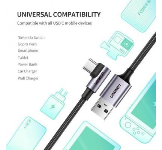 Ugreen Дата кабель USB 2.0 AM to USB-C 1.0m US284 Angled Alum. Braid Black Ugreen (50941)