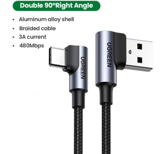 Ugreen Дата кабель USB 2.0 AM to Type-C 1.0m US176 Both Angled 3A (Black) Ugreen (20856)