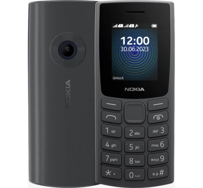 Nokia Мобильный телефон Nokia 110 2023 Dual Sim Charcoal; 1.77" (160x128) TFT / клавиатурный моноблок / ОЗУ 4 МБ / 4 МБ встроенной + microSD до 32 ГБ / камера 0.3 Мп / 2G (GSM) / 115.1x49.4x14.5 мм / 1000 мАч / черный