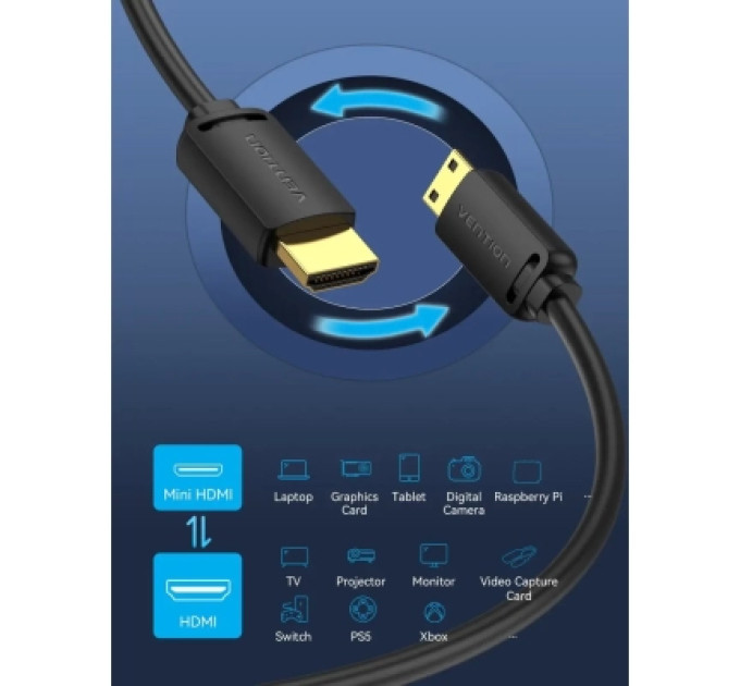 Vention Кабель мультимедійний HDMI A to HDMI C (mini), 1.5m V2.0 4K 60Hz 18Gbps HDR Dolby Vention (AGHBG)