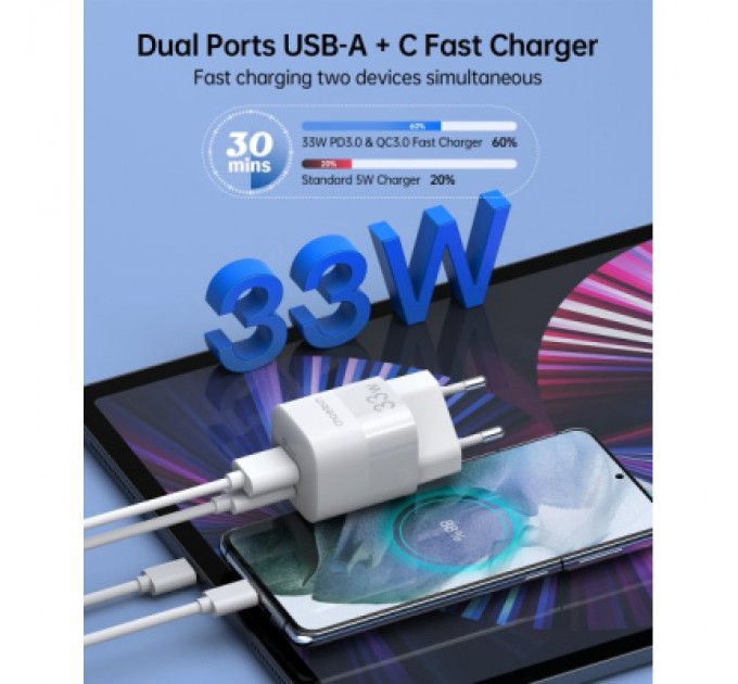 Choetech Зарядний пристрій Choetech GaN USB-A/USB-C 33W QC3.0/PD/PPS (PD5006-EU-WH)