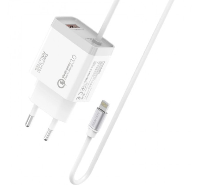 Promate Зарядний пристрій Promate icharge-pdqc3 Lightning PD20W + USB-A QC3.0 White (icharge-pdqc3.white)