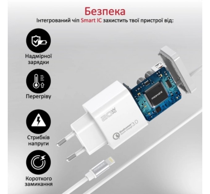 Promate Зарядний пристрій Promate icharge-pdqc3 Lightning PD20W + USB-A QC3.0 White (icharge-pdqc3.white)