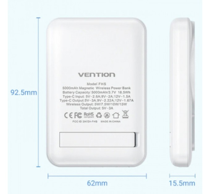 Vention Батарея універсальна Vention Magnetic Wireless 5000mAh 20W 3A, PD USB-C, Light Indicator, White (FHSW0)