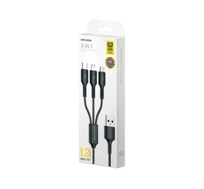 WK Кабель WK WDC-137 Upine Series 3-in-1 USB - Lightning + micro USB + USB Type-C (M/M), 1.2 м, Black (6941027616284)