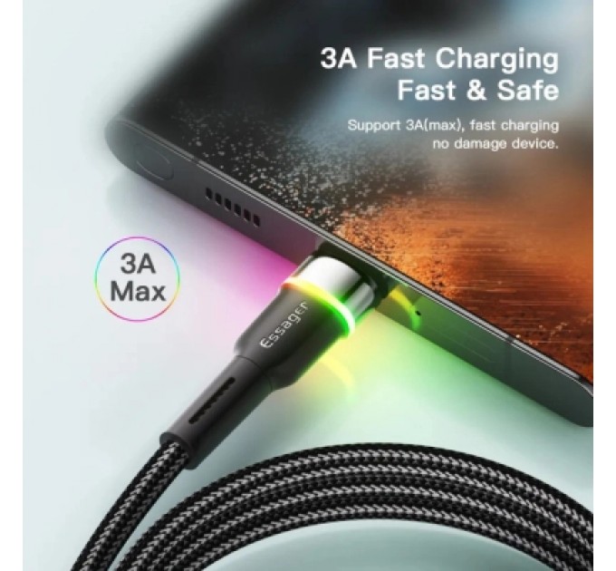 Essager Дата кабель USB 2.0 AM to USB-C 1.0m 3A LED black Essager (EXCT-XCD01)