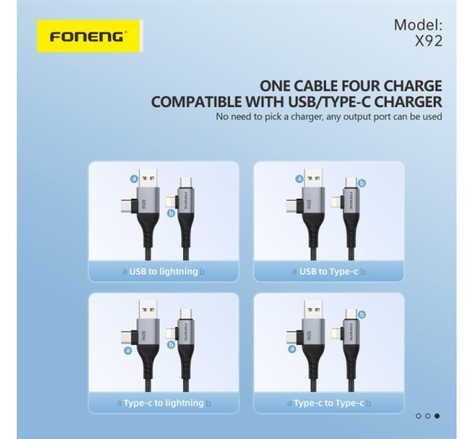 Foneng Кабель Foneng X92 4-in-1 (60W) USB/USB-C - USB-C/Lightning, 1 м, Black (X92-CA-FIO)
