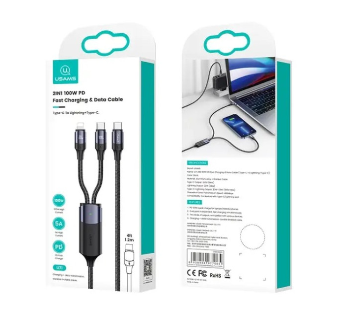 Usams Кабель Usams US-SJ550 U71 USB Type-C - Lightning + USB Type-C, 100W, 1.2 м, Black (6958444977065)