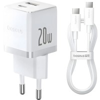 Зарядний пристрій Baseus 1xUSB-C 20W + 1xUSB white + cable USB-C to USB-C 60W 1.0m (P10111608213-01)