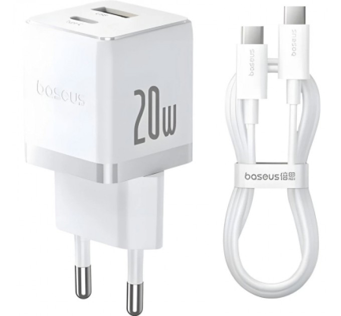 Baseus Зарядний пристрій Baseus 1xUSB-C 20W + 1xUSB white + cable USB-C to USB-C 60W 1.0m (P10111608213-01)