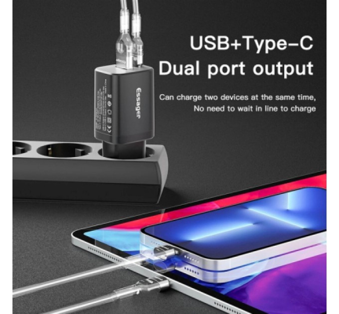 Essager Зарядний пристрій Essager 1xUSB + 1xUSB-C PD30W black (ECTPQS-ZTB01)