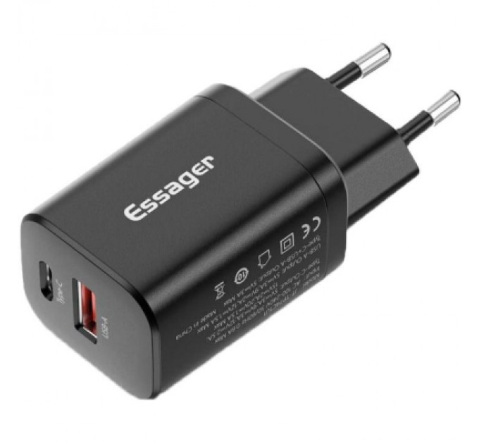 Essager Зарядний пристрій Essager 1xUSB + 1xUSB-C PD30W black (ECTPQS-ZTB01)