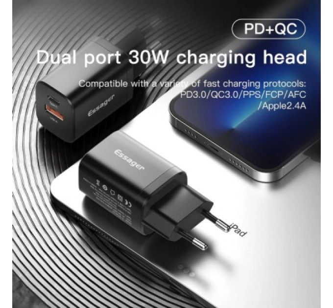 Essager Зарядний пристрій Essager 1xUSB + 1xUSB-C PD30W black (ECTPQS-ZTB01)