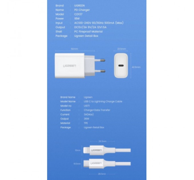Ugreen Зарядний пристрій Ugreen CD137 Type-C PD 20W Charger (White) (60450)