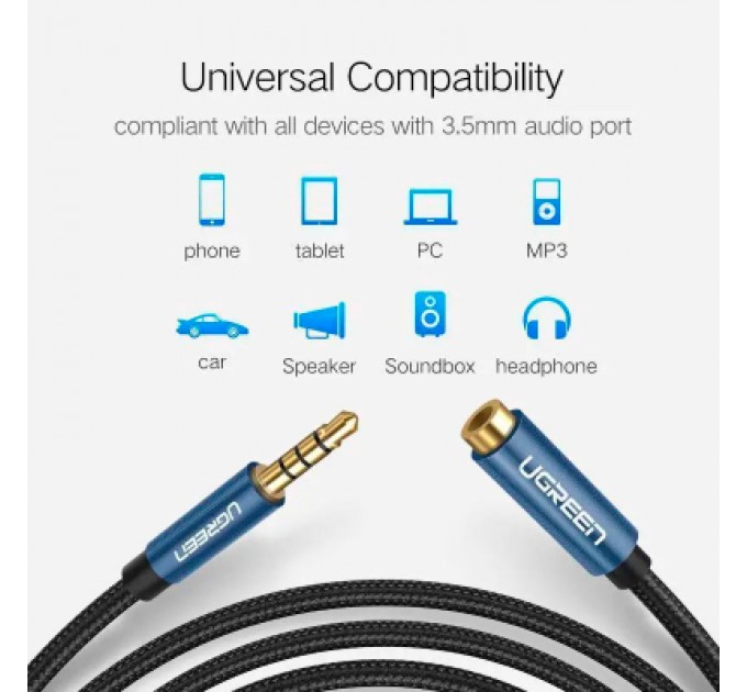 Ugreen Кабель мультимедійний 3.5mm M to 3.5mm F 1.0m AV118 blue Ugreen (40673)