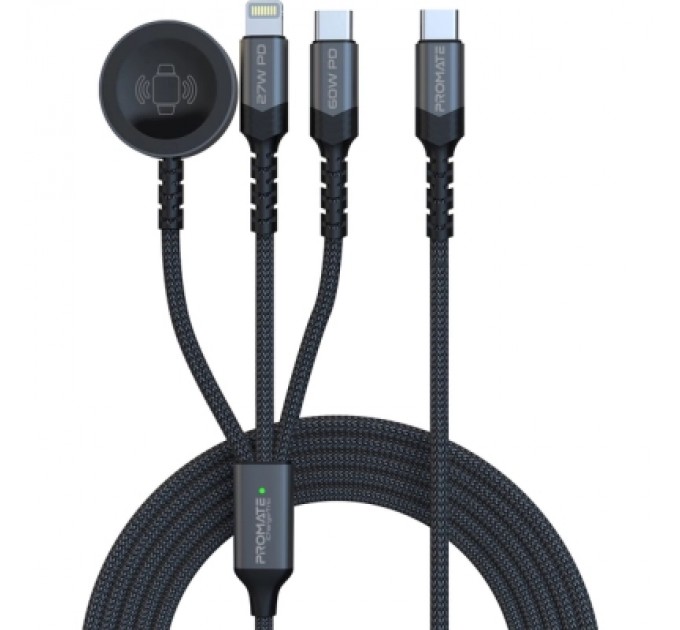 Promate Дата кабель USB-C to Lightning 27W + USB-C 60W + Apple Watch 2.5W 1.5m icharge trio black Promate (icharge-trio.black)