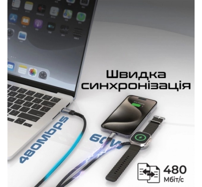 Promate Дата кабель USB-C to Lightning 27W + USB-C 60W + Apple Watch 2.5W 1.5m icharge trio black Promate (icharge-trio.black)