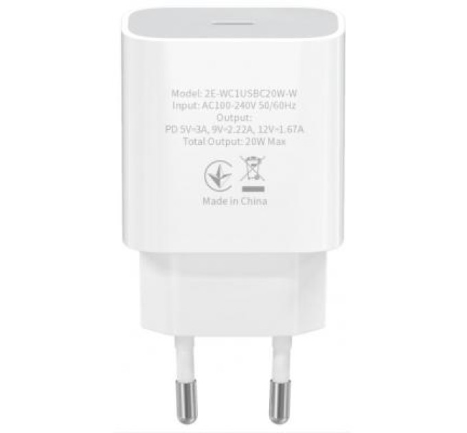 2E Зарядний пристрій 2E USB-C Wall Charger PD3.0 DC5V/3A, 20W, white (2E-WC1USBC20W-W)