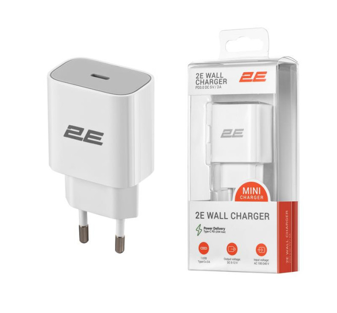2E Зарядний пристрій 2E USB-C Wall Charger PD3.0 DC5V/3A, 20W, white (2E-WC1USBC20W-W)