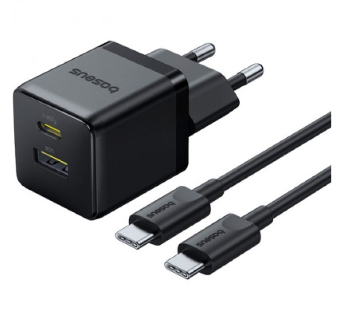 Baseus Зарядний пристрій Baseus 1xUSB-C 30W + 1xUSB + cable USB-C to USB-C 60W 1.0m (P1011160A113-01)