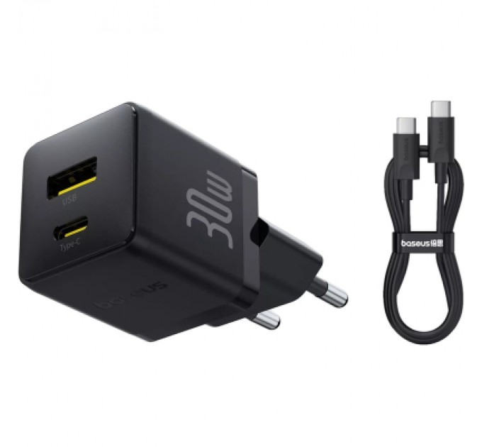 Baseus Зарядний пристрій Baseus 1xUSB-C 30W + 1xUSB + cable USB-C to USB-C 60W 1.0m (P1011160A113-01)