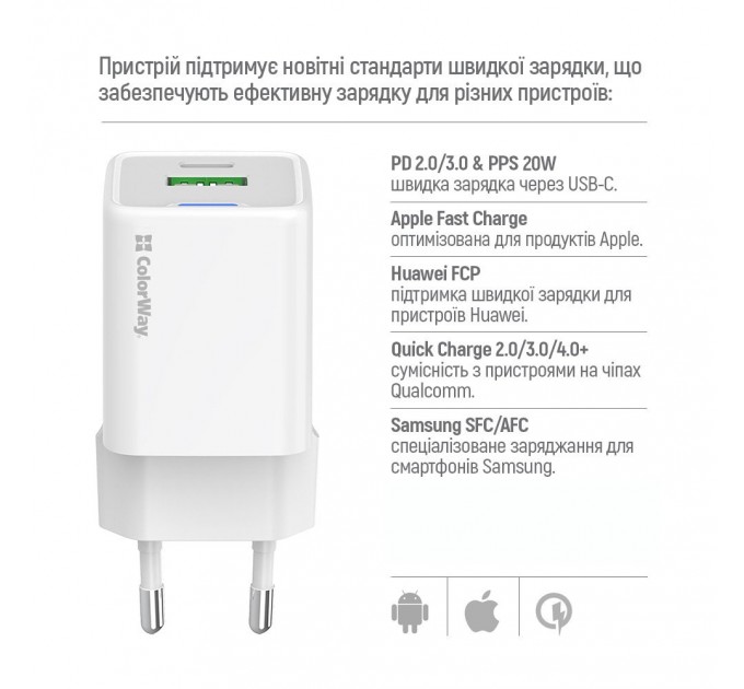 ColorWay Мережевий зарядний пристрій ColorWay GaN Mini 20W PD Port PPS USB (Type-C PD + USB QC4.0) White (CW-CHS062PD-WT)