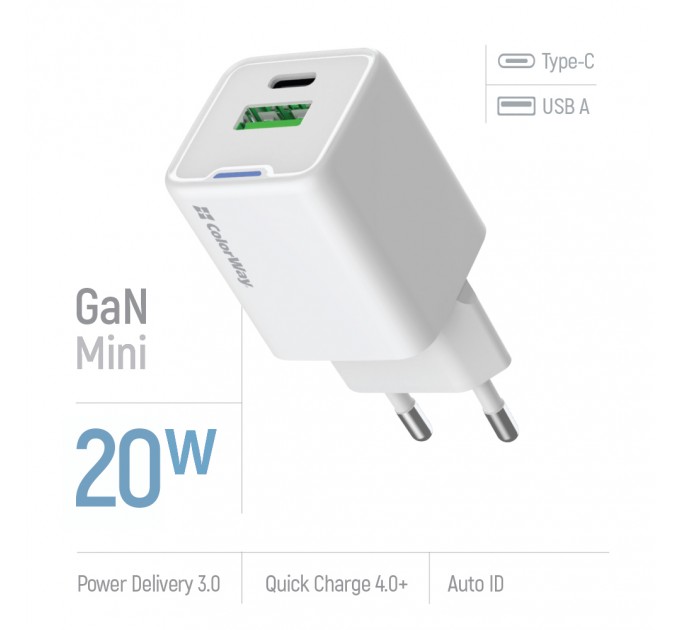 ColorWay Мережевий зарядний пристрій ColorWay GaN Mini 20W PD Port PPS USB (Type-C PD + USB QC4.0) White (CW-CHS062PD-WT)