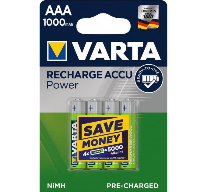 Varta Акумулятор Varta Recharge Accu AAA/HR03 Ni-MH 1000 mAh BL 4шт