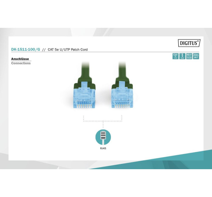 Assmann Патч-корд CAT 5e U-UTP, Cu, PVC AWG 26/7, довжина 10 м, колір зелений DK-1511-100/G DIGITUS by ASSMANN