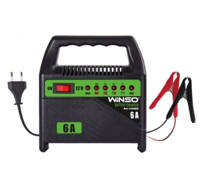 WINSO Зарядний пристрій для автомобільного акумулятора WINSO 6В-12В.Макс.струм підзарядки 6А.Макс.Ем 80Ah (139060)