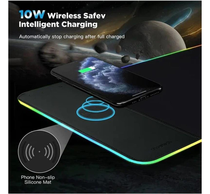Choetech Килимок для миші з бездротовим зарядним пристроєм Choetech (T543-F) RGB Illuminated 15W Wireless Charging Mouse Pad
