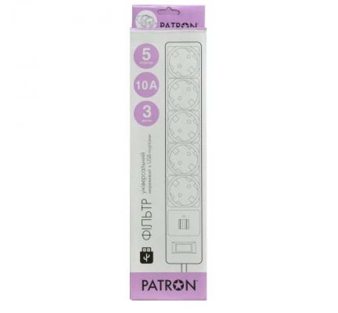 Patron Мережевий фільтр живлення Patron 3m (SP-53) + 2 USB 2.0, 2.1A , 5 роз. BLACK (EXT-PN-SP-53-USB)