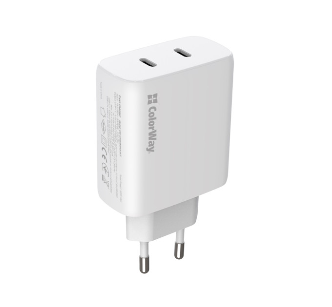 ColorWay Мережевий зарядний пристрій ColorWay GaN Mini 50W PD Port PPS USB (Type-C PD 30W + Type-C PD 20W) White (CW-CHS050PD-WT)