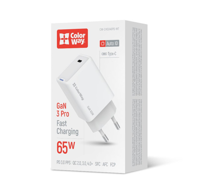 ColorWay Мережевий зарядний пристрій ColorWay GaN Mini 65W PD Port PPS USB-C White (CW-CHS049PD-WT)